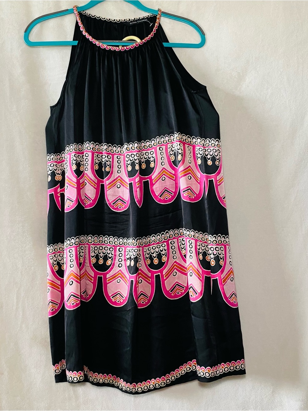 Elissa Coleman Silk Black Dress with Pink Patterned Border SZ S